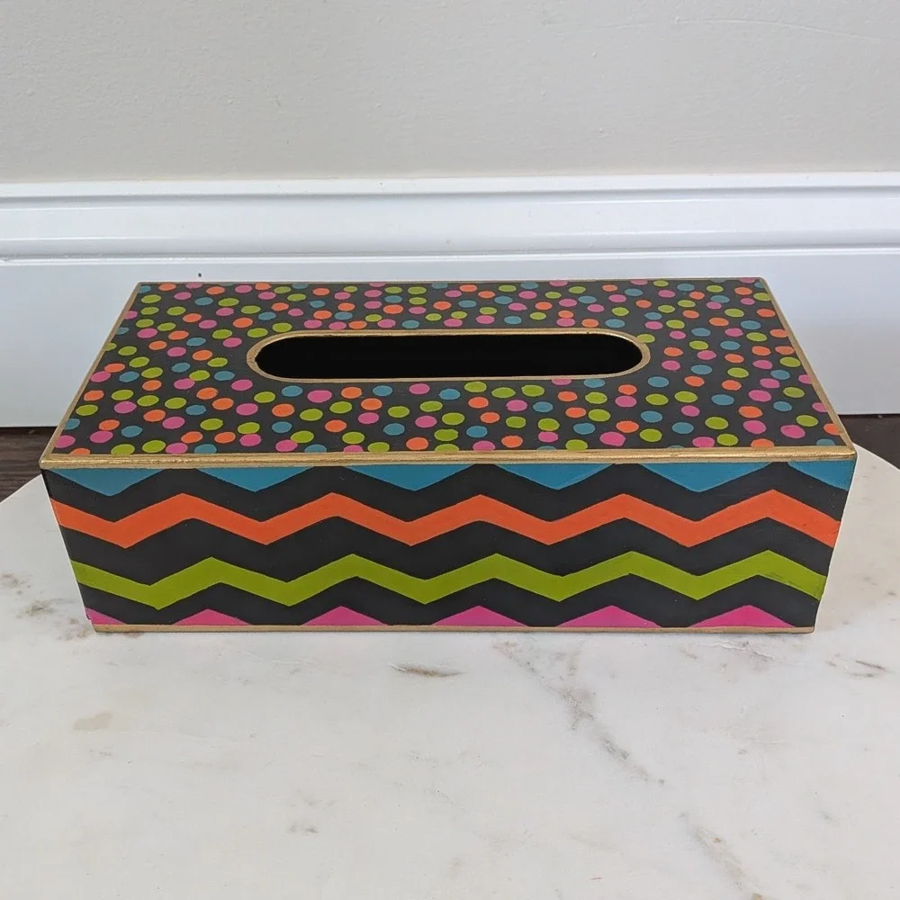 Mackenzie Childs Trampoline Standard Tissue Box Cover Bright Zig Zag Polka Dots - Picture 4 of 7